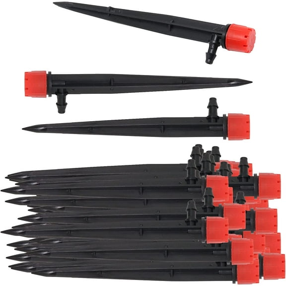 Drip Emitters, Adjustable Irrigation Drippers with 8 Holes for 1/4 Inch (4-7mm) Tube Hose PE Pipe, 360 Degree Water Flow Drippers on Stake, Drip System for Flower Bed, Vegetable Garden (50 Pcs)