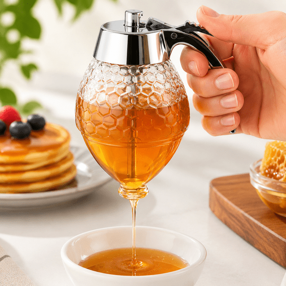 No Drip Glass Honey Dispenser, Honeycomb Shaped Clear Glass Honey Pot, Multi-Use Mess-Free Maple Syrup Dispenser Jar, Bee Themed Decorative Syrup Pourer Container for Home Breakfast Kitchen Use