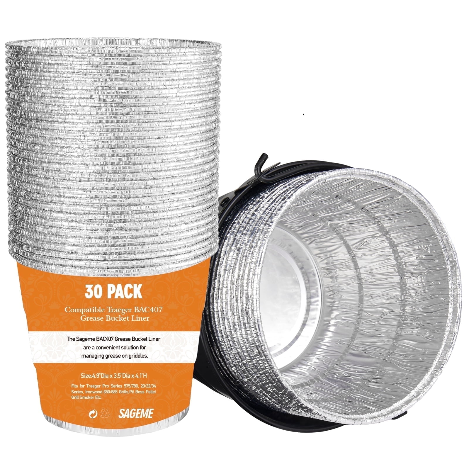 30Pack BAC407 Grease Bucket Liner for Traeger Grills,Drip Liner Drip Pan for HDW152 Grease Bucket Traeger Pro Series 575/780, 20/22/34, Ironwood 650/885 Grills,Pit Boss Pellet Grill Smoker