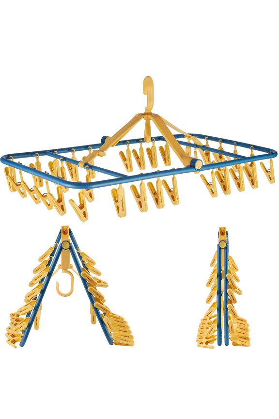 Drip Hanger Foldable Clip Hangers Plastic with 32 Drying Clips Wind-Proof Hook Laundry Drying Rack for Underwear Socks Bras Lingerie