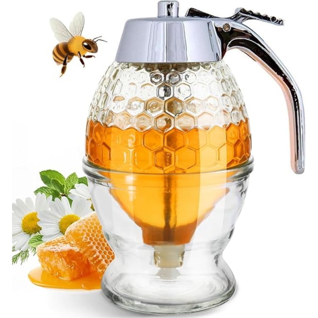 No Drip Honey Dispenser with Stand - Honeycomb Shaped Honey Holder and Syrup Dispenser -Bee Decor Honey Storage Jar, Honey Dispenser for Honey, Syrup - 8 oz， Father's Day Gift