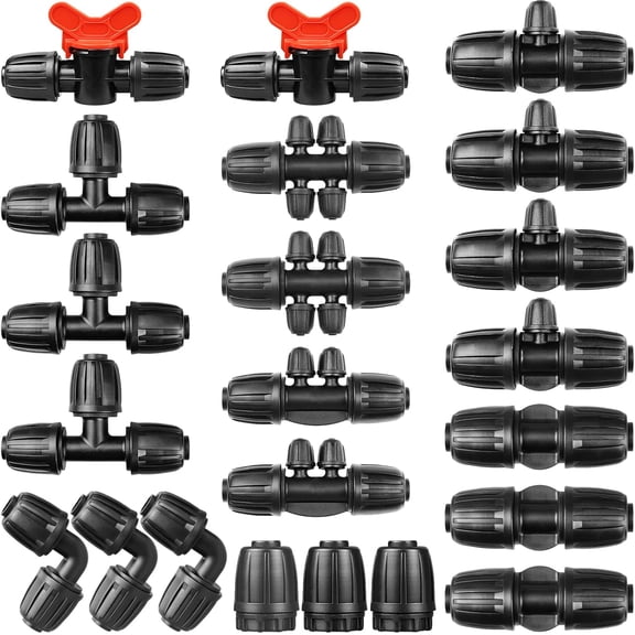 Drip Irrigation Fittings Kit for 1/2 Inch Tubing, 22 Pcs Drip Line Parts Locked Nut for Sprinkler System - 3 Tee, 3 Coupling, 3 Elbow, 3 End Closure Plug, 2 Switch Valve, 8 Reducing Connectors