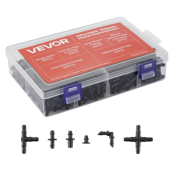 Drip Irrigation Fittings Kit 300 Pcs for 1 4 Inch Tubing Tees Straight Barb 4 Way Coupling Elbows End Plug Single Barbs Barbed Connectors Yard Garden Lawn