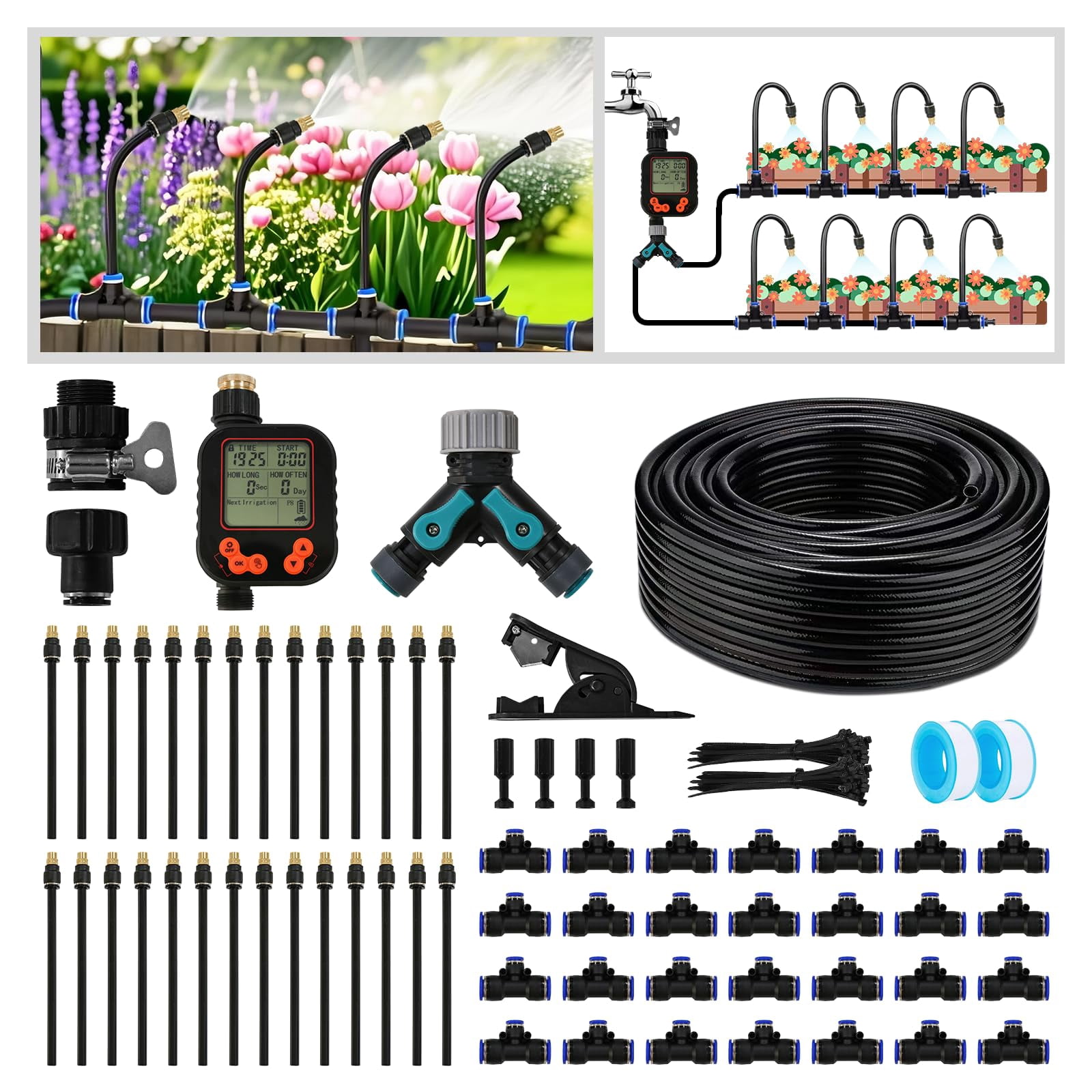 Drip Irrigation Kit - 100 FT. Hose Sprinkler System with 360° nozzles ...