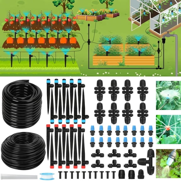 Drip Irrigation Kit - 2026 Quick-connect System With 46ft 1/2'' Tubing Locking Nozzle Emitters Adjustable Misting Sprayers For Gardens Lawns Raised Beds And Greenhouses