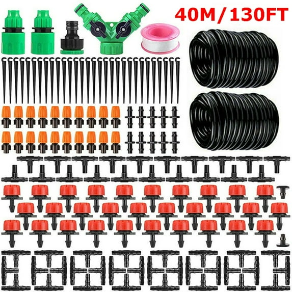 Drip Irrigation Kit, 40M/130FT Garden Watering Automatic System - Micro DIY Irrigation Tubing Kits, Blank Distribution Hose Atomizing Nozzles Drippers for Plants Flower Bed, Patio, Lawn