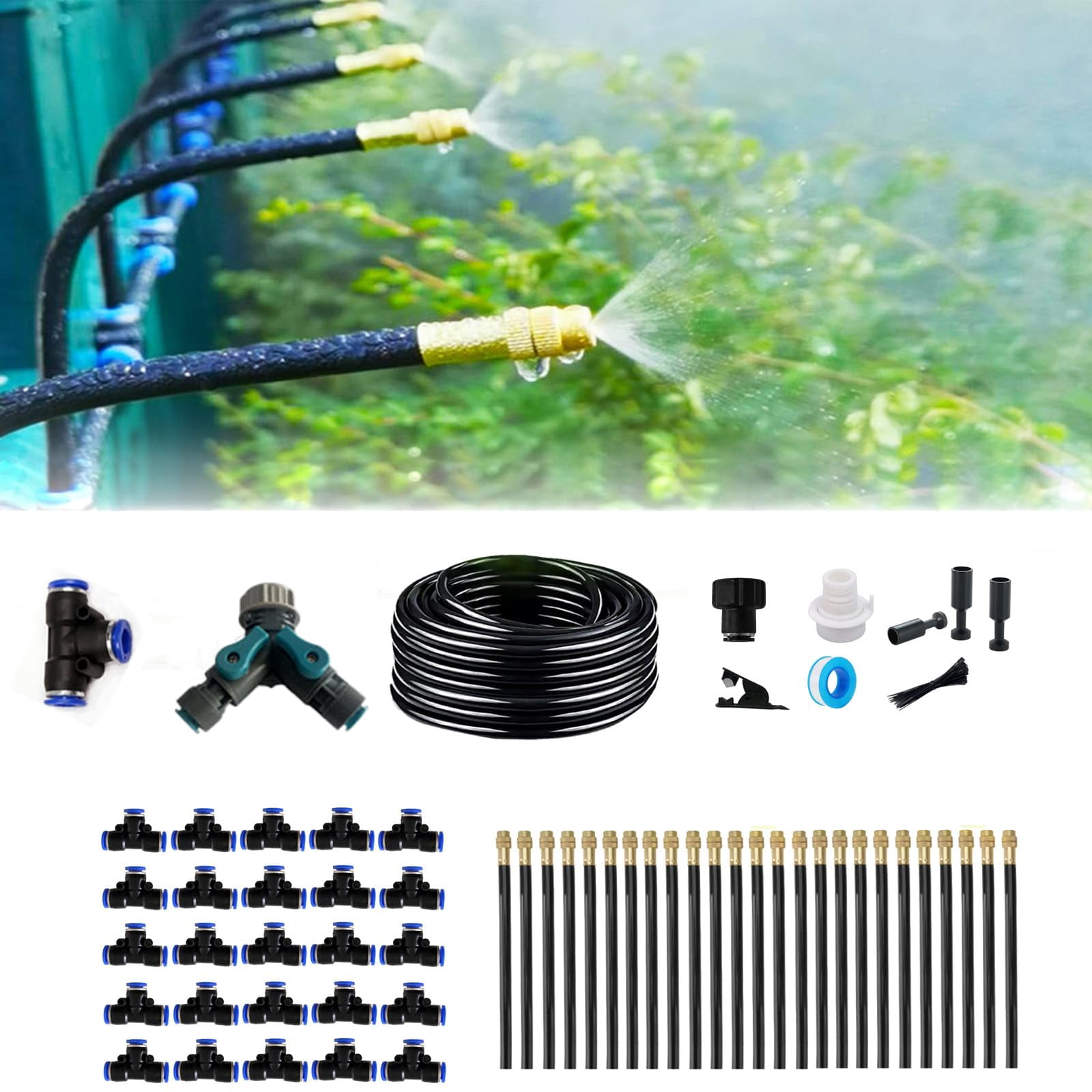 Drip Irrigation Kit  Automatic Garden Watering System Quick Connector And 360-degree Bending Dropper Atomizing Copper Nozzle Plant Lawn Courtyard System. (100ft)