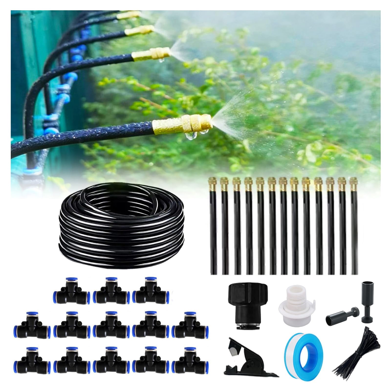 Drip Irrigation Kit  Automatic Garden Watering System Quick Connector And 360-degree Bending Dropper Atomizing Copper Nozzle Plant Lawn Courtyard System. (50ft)