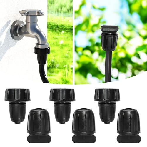 Drip Irrigation Parts for 5/16" Main Line - (6-Pack) - 3 x PVC Female Hose Thread Non-Swivel Adapter and 3 x Barbed Threaded End Plugs - Drip Irrigation Fittings