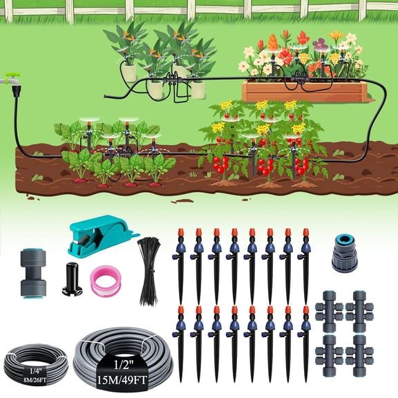 Drip Irrigation System, 1/2" Main Pipe & 1/4" Branch Pipe, Adjustable Emitters, Automatic Kit Garden Watering System for Flower Bed, Raised Beds, Lawn, Greenhouses
