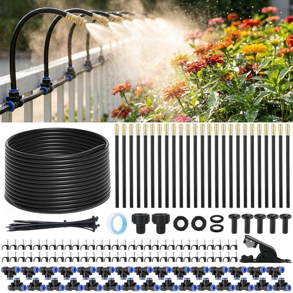 BSHAPPLUS 100FT 5/16" Drip Irrigation System,Garden Irrigation Kit with 25pcs 360Adjustable Bendable Copper Misting Nozzles,Atomizing Watering System for Lawn, Raised Bed,Greenhouse,Outdoor Cooling