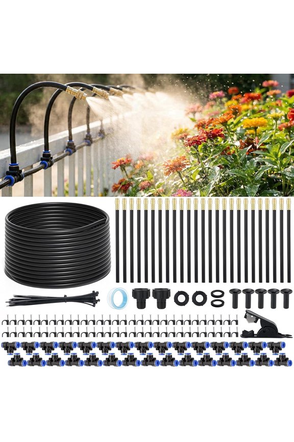 ® 100FT 5/16" Drip Irrigation System,Garden Irrigation Kit with 25pcs 360°Adjustable Bendable Copper Misting Nozzles,Atomizing Watering System for Lawn, Raised Bed,Greenhouse,Outdoor Cooling