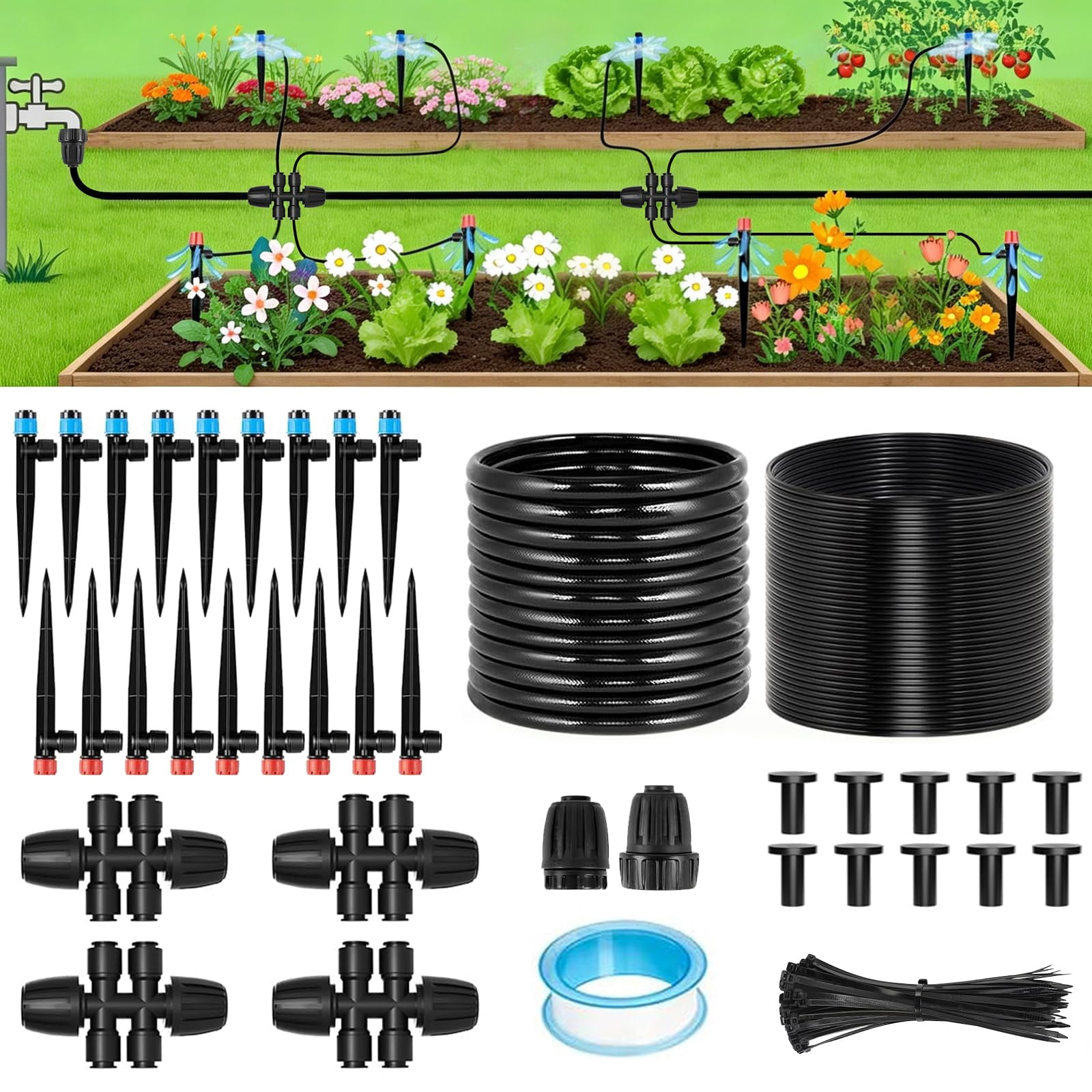 Drip Irrigation System 106ft Automatic Garden Watering With 1/2" & 1/4" Fast-lock Tubing Adjustable Nozzles Sprinklers Quick-connect Kit For Lawn Potted Plants