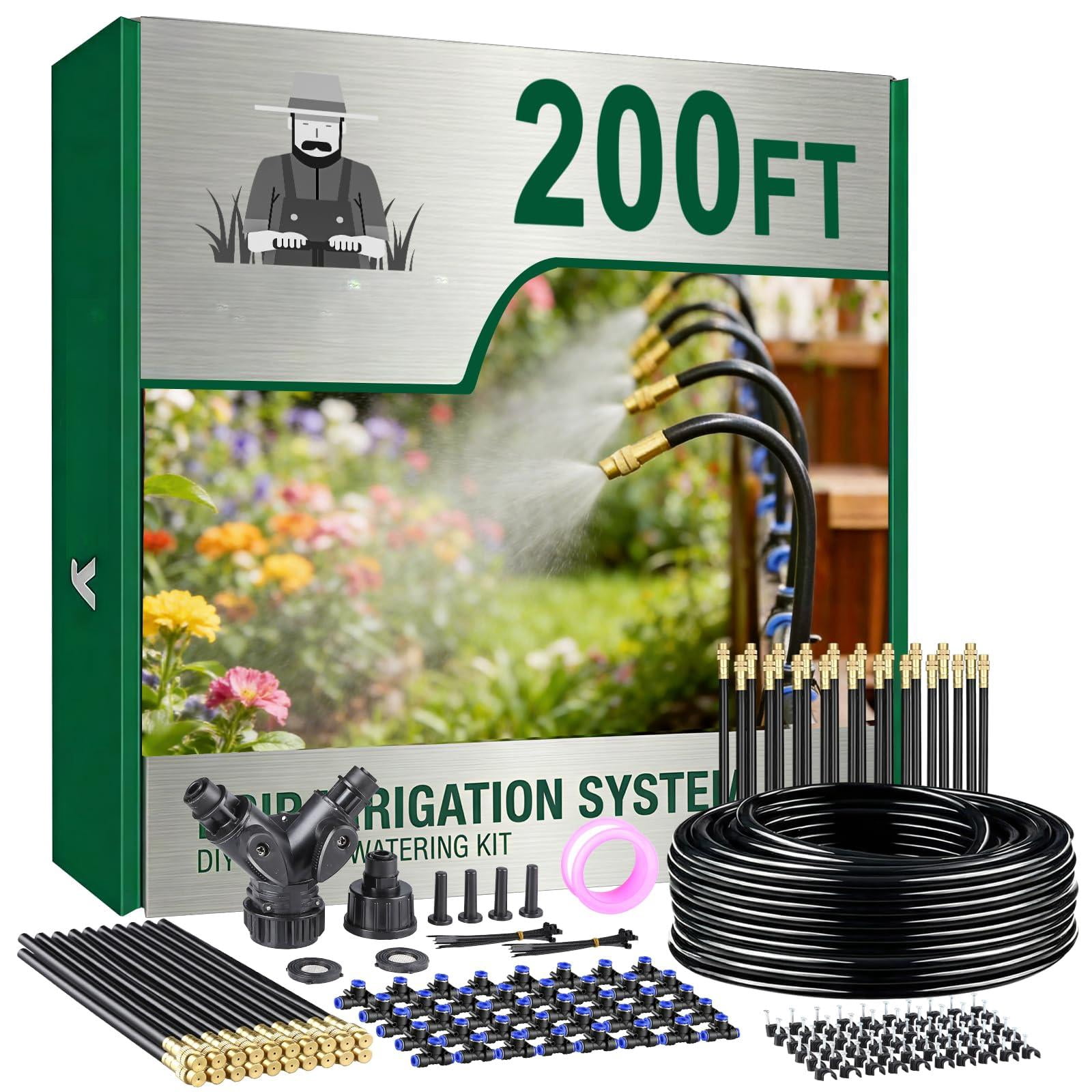 Drip Irrigation System  2026-upgrade 200ft 1/4" Garden Watering With 40 360° Adjustable Copper Nozzles Diy Kit For Lawn Greenhouse Raised Beds & Outdoor Plants