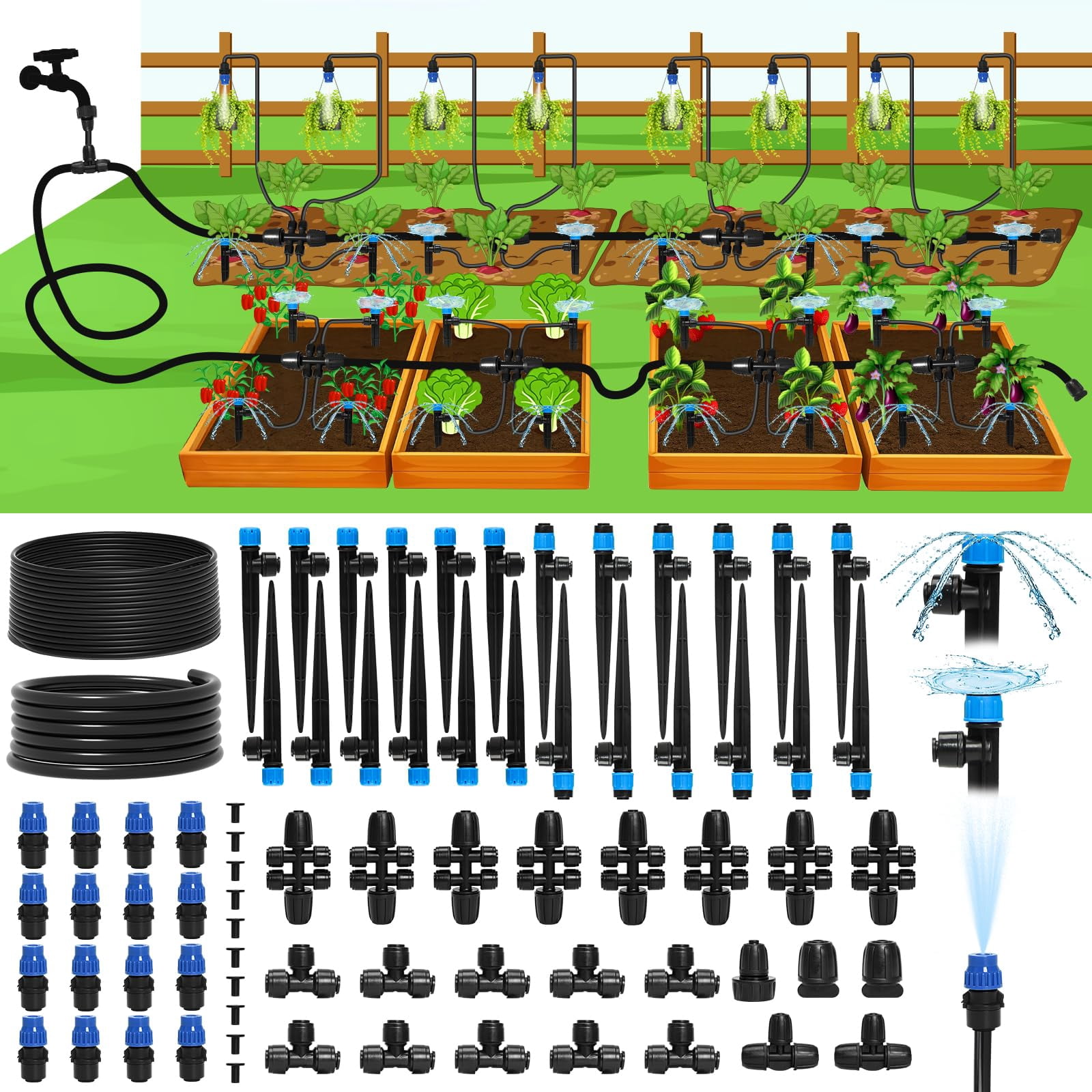 Drip Irrigation System 230FT/247FT – Quick Connect Garden Watering Kit with Adjustable Drip Emitters, 1/4” & 5/16” Tubing for Raised Beds Greenhouse Lawn Automatic Timer Compatible