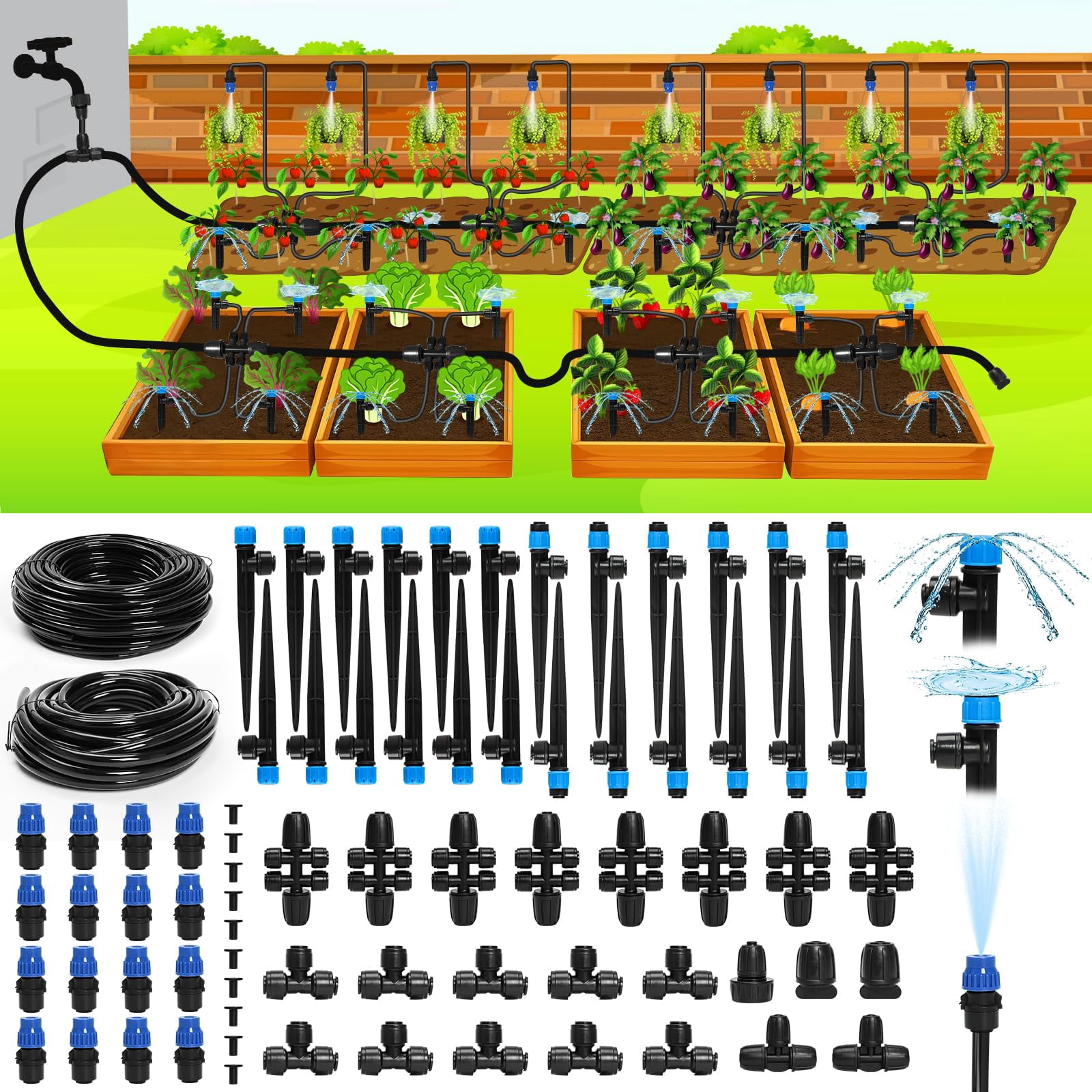 Drip Irrigation System 230FT/247FT – Quick Connect Garden Watering Kit with Adjustable Drip Emitters, 1/4” & 5/16” Tubing for Raised Beds Greenhouse Lawn Automatic Timer Compatible