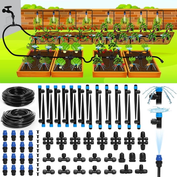 Drip Irrigation System 230FT/247FT – Quick Connect Garden Watering Kit with Adjustable Drip Emitters, 1/4” & 5/16” Tubing for Raised Beds Greenhouse Lawn Automatic Timer Compatible