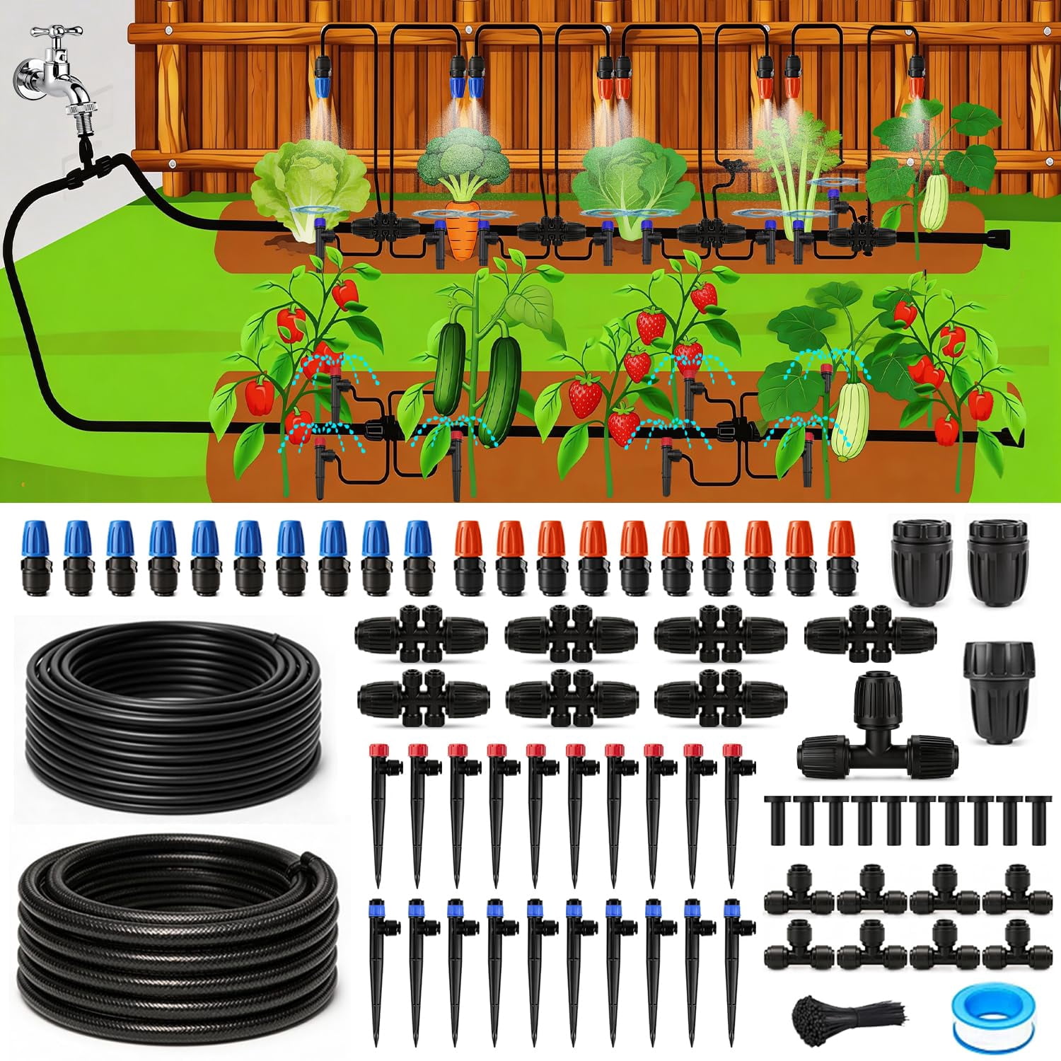 Drip Irrigation System 248ft Automatic Garden Watering With 1/2" & 1/4" Fast-lock Tubing Adjustable Nozzles Sprinklers Quick-connect Kit For Lawn Potted Plants