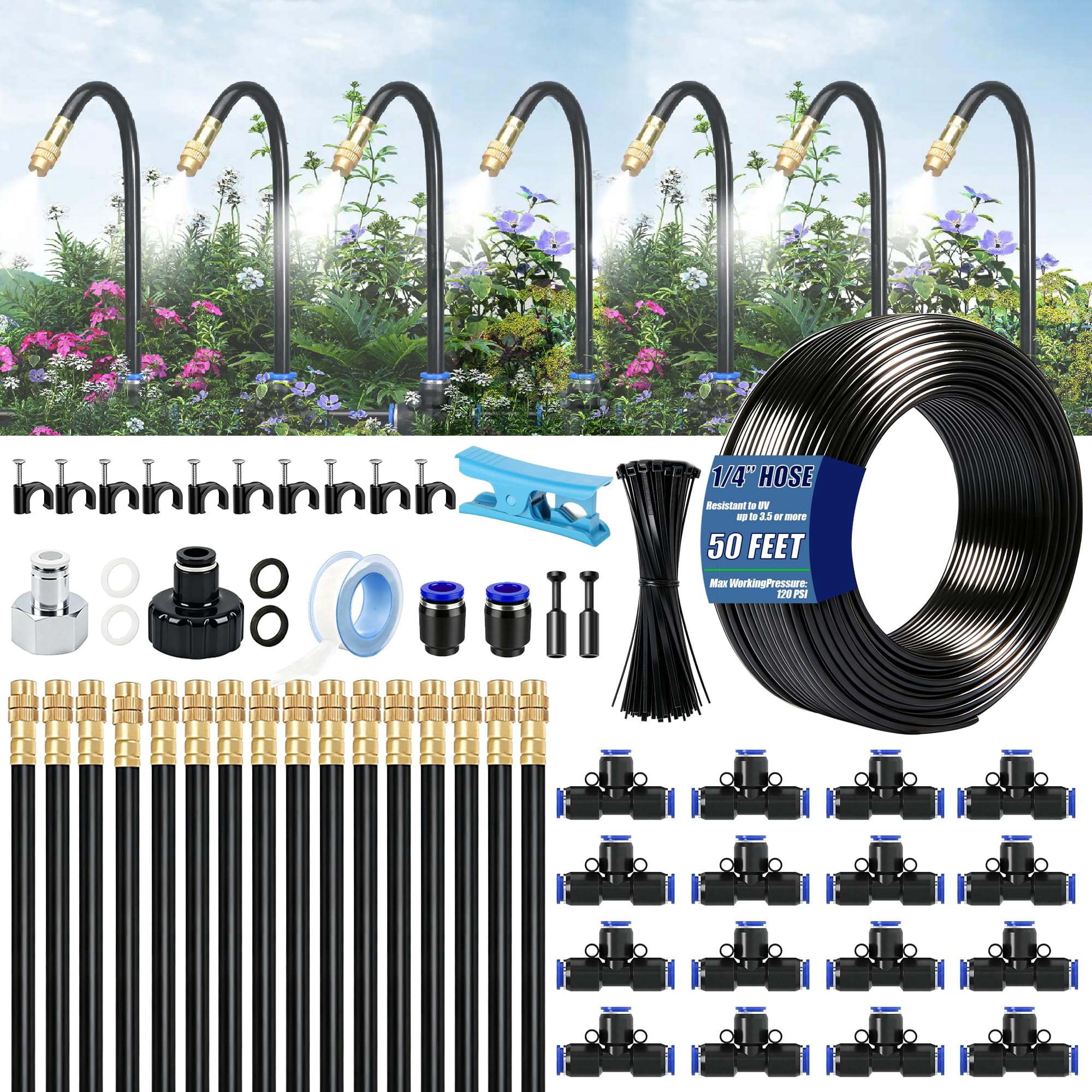 Drip Irrigation System-50ft 1/4" Garden Watering System With 16pcs Copper Nozzles  360° Curved Automatic For Garden/lawn/greenhouse/raised Beds/outdoor Plants