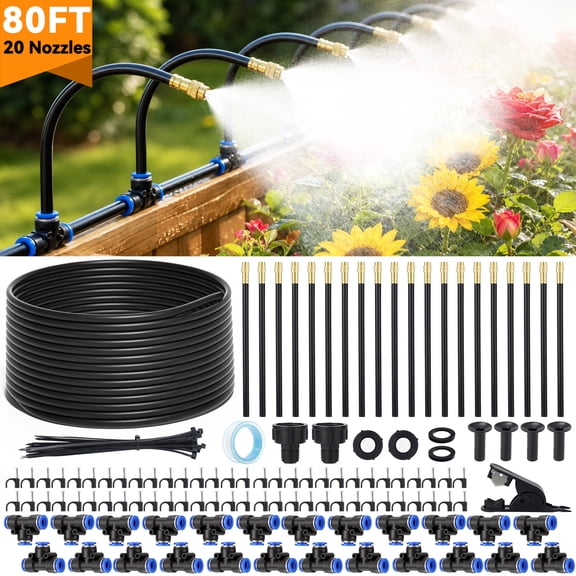 BSHAPPLUS 80FT 5/16" Drip Kit, 20pcs 360° Bendable Copper Misting Nozzles, Atomizing Watering for Lawn, Raised Beds and Greenhouse