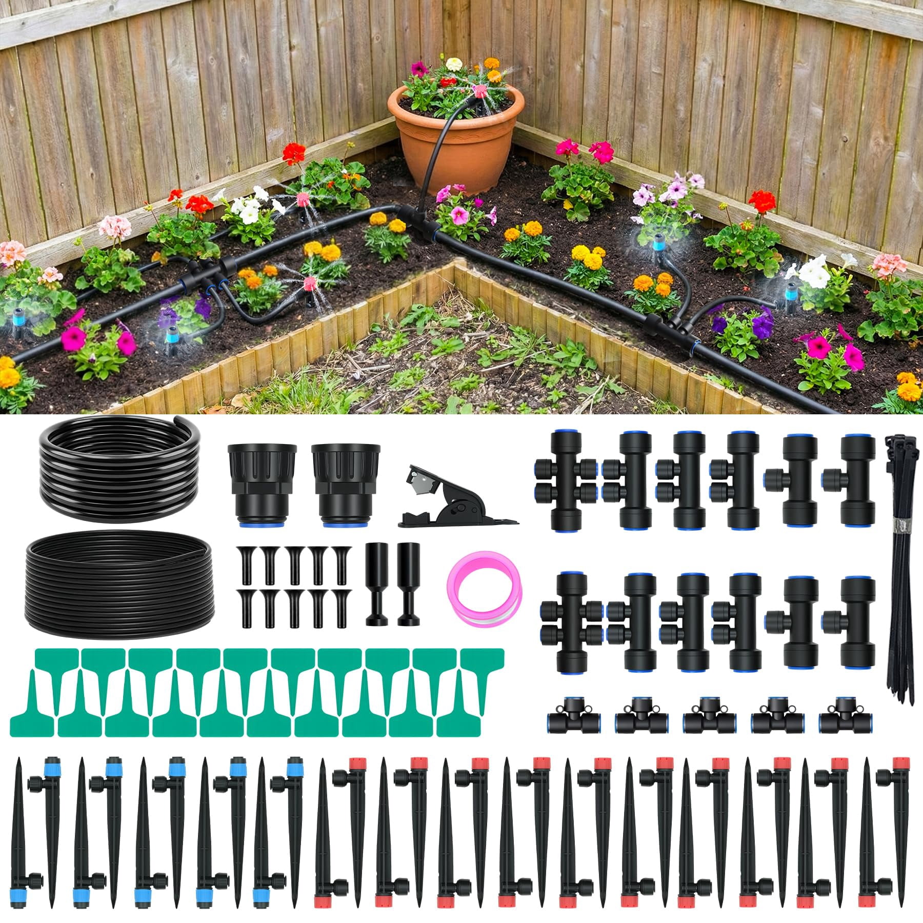 Drip Irrigation System For Garden  2026 Upgraded Automatic Plant Watering Kit With Quick Connect Pe Tubing 30 Water-saving Adjustable Emitters Yard Lawn Raised Bed & Greenhouse (100ft)