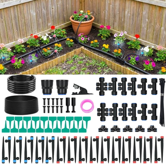 Drip Irrigation System For Garden  2026 Upgraded Automatic Plant Watering Kit With Quick Connect Pe Tubing 30 Water-saving Adjustable Emitters Yard Lawn Raised Bed & Greenhouse (100ft)