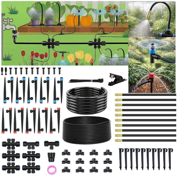 Drip Irrigation System Kit, 240 Ft 1/2 Inch Tubing, Quick Connect Automatic Sprinkler With Adjustable Misting Parts For Garden, Lawn, Yard And Greenhouse
