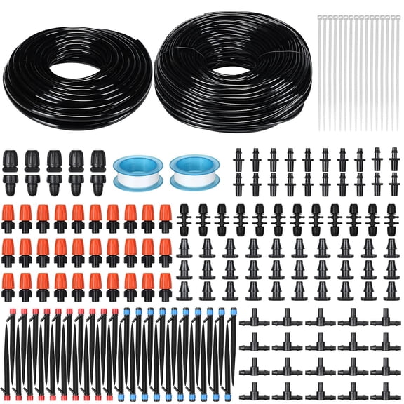 Drip Irrigation System Kit, 394 Ft, 1/2 In Hose and 1/4 In Distribution Tubing, Adjustable Drip Emitters and Misting Nozzles, Barbed Fittings, For Garden Lawn Patio