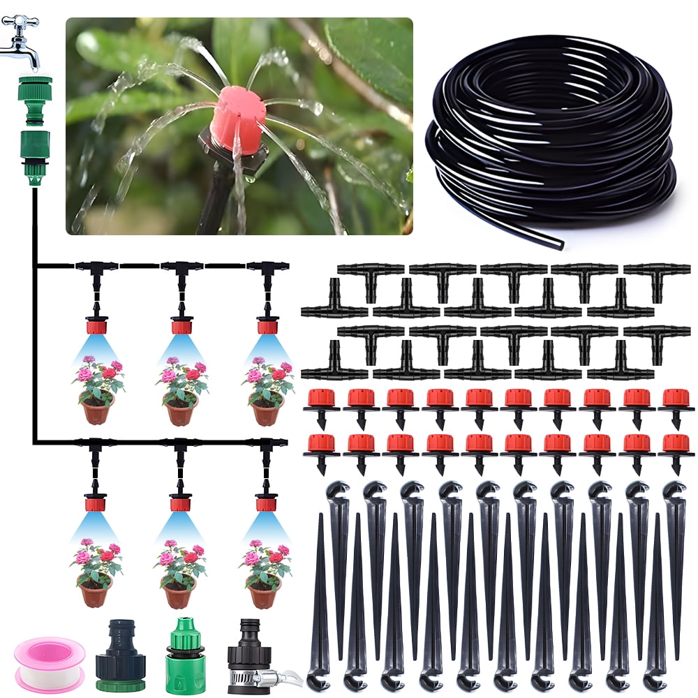 Drip Irrigation System Kit - 49FT Automatic Irrigation System Patio Misting Plant Watering System with 4/7-inch Irrigation Tubing Hose Adjustable Nozzle Emitters Fittings