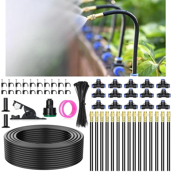 Drip Irrigation System Kit, 50 Ft Bendable 5/16 In Tubing, Adjustable Copper Atomizing Nozzles for Garden Yard Lawn Plant Watering, 50 FT