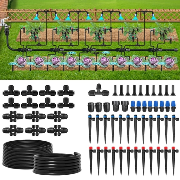 Drip Irrigation System Kit, Automatic Garden Watering System with Hose and Distribution Tubing-Adjustable Nozzles & Sprinklers for Garden, Yard, Lawn, Potted Plants.