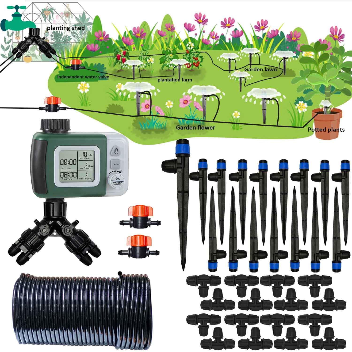 Drip Irrigation System Kit MMF7 with Water Timer 82FT 1/4 Hose for 16
