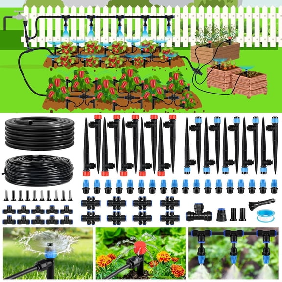 Drip Irrigation System Kit Quick-Connect, Automatic Garden Watering System for Raised Garden Beds, Greenhouse, Yard, Lawn, Plant with 1/2 inch Hose 1/4 inch Distribution Tubing and Accessories