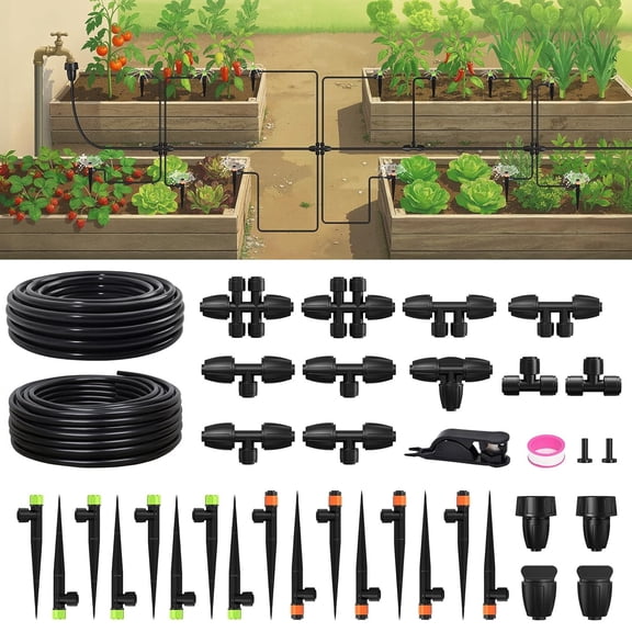 Drip Irrigation System, Quick-Connect Garden Watering System Kit with Adjustable Emitters for Greenhouse, Garden Grid, Raised Bed, Potted Plant