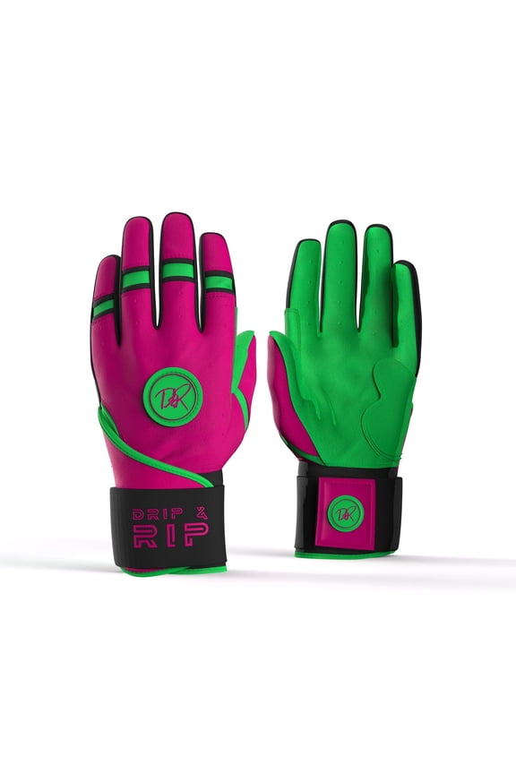 Baller Series Premium Long Cuff Batting Gloves for Baseball and Softball in Youth and Adult Sizing (Big Drip Energy)