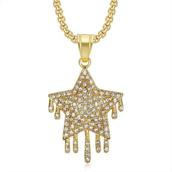 Drip Star Pendant Necklace 14K Yellow Gold Bling Cubic Zircon Men's Hip Hop Jewelry