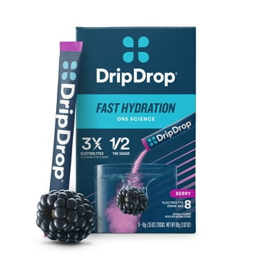DripDrop Electrolyte Powder Drink Mix for Dehydration Relief Fast, Berry, 0.35 oz, 8 Count Packets
