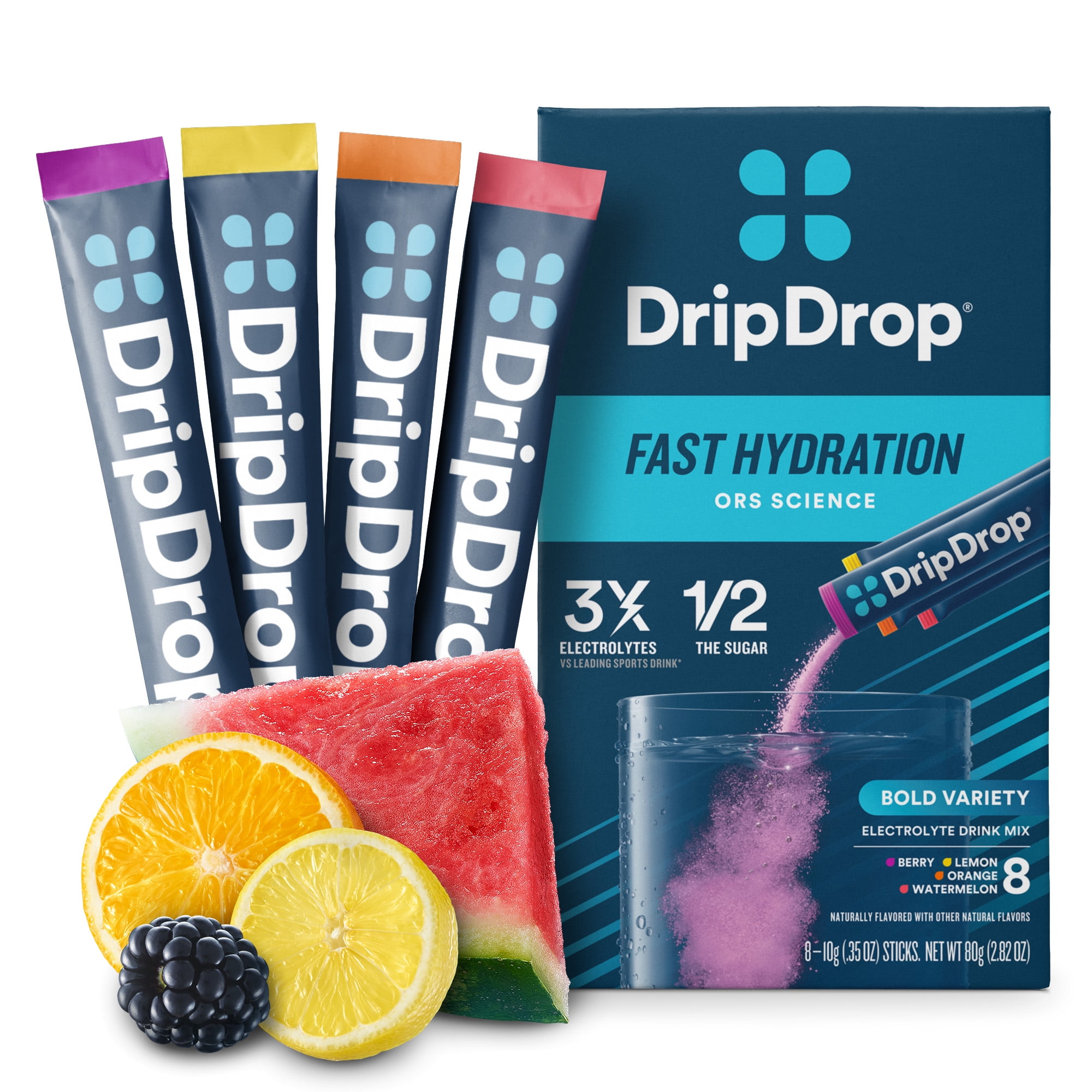 DripDrop Electrolyte Powder Drink Mix for Dehydration Relief Fast, Bold Variety, 0.35 oz, 8 Count Packets