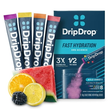 DripDrop Electrolyte Powder Drink Mix for Dehydration Relief Fast, Bold Variety, 0.35 oz, 8 Count Packets