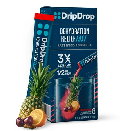 DripDrop Electrolyte Powder Drink Mix for Dehydration Relief Fast, Fruit Punch, 0.35 oz, 8 Count Packets