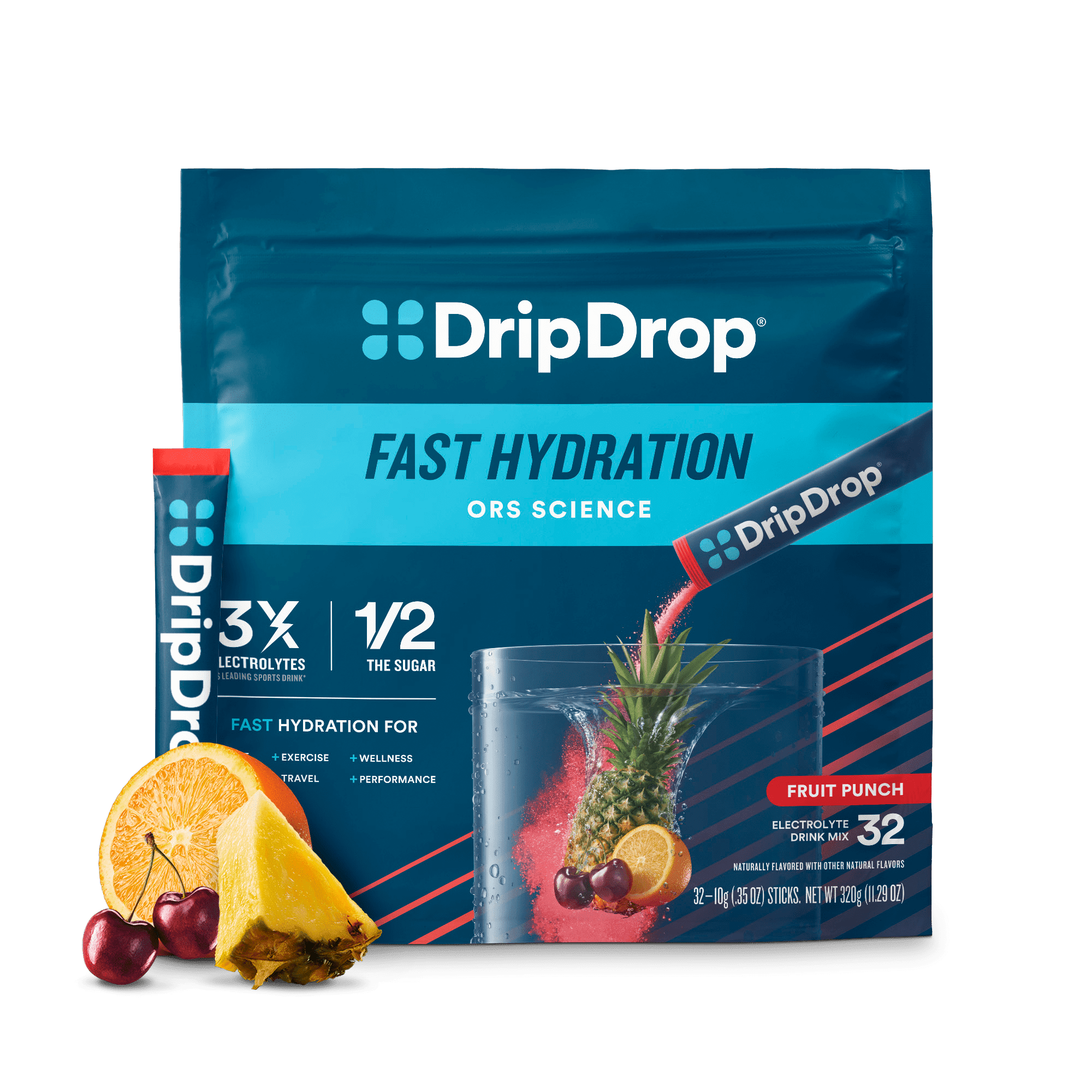 DripDrop Electrolyte Powder Drink Mix for Dehydration Relief Fast, Fruit Punch, 32pk