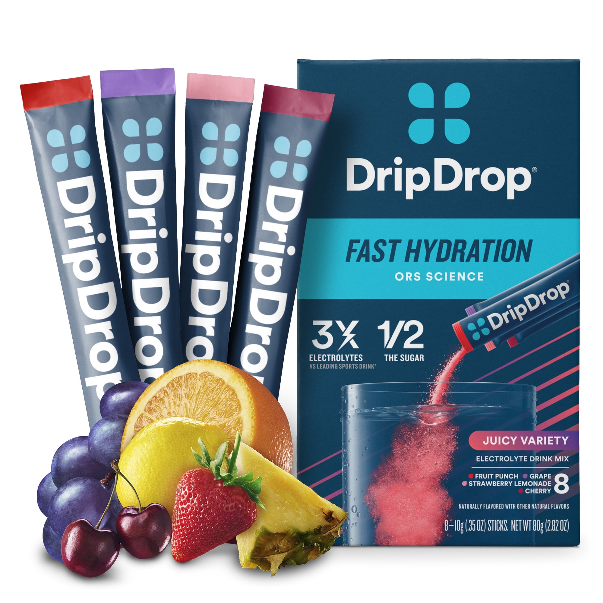 DripDrop Electrolyte Powder Drink Mix for Dehydration Relief Fast, Juicy Variety, 0.35 oz, 8 Count Packets