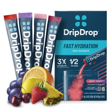 DripDrop Electrolyte Powder Drink Mix for Dehydration Relief Fast, Juicy Variety, 0.35 oz, 8 Count Packets