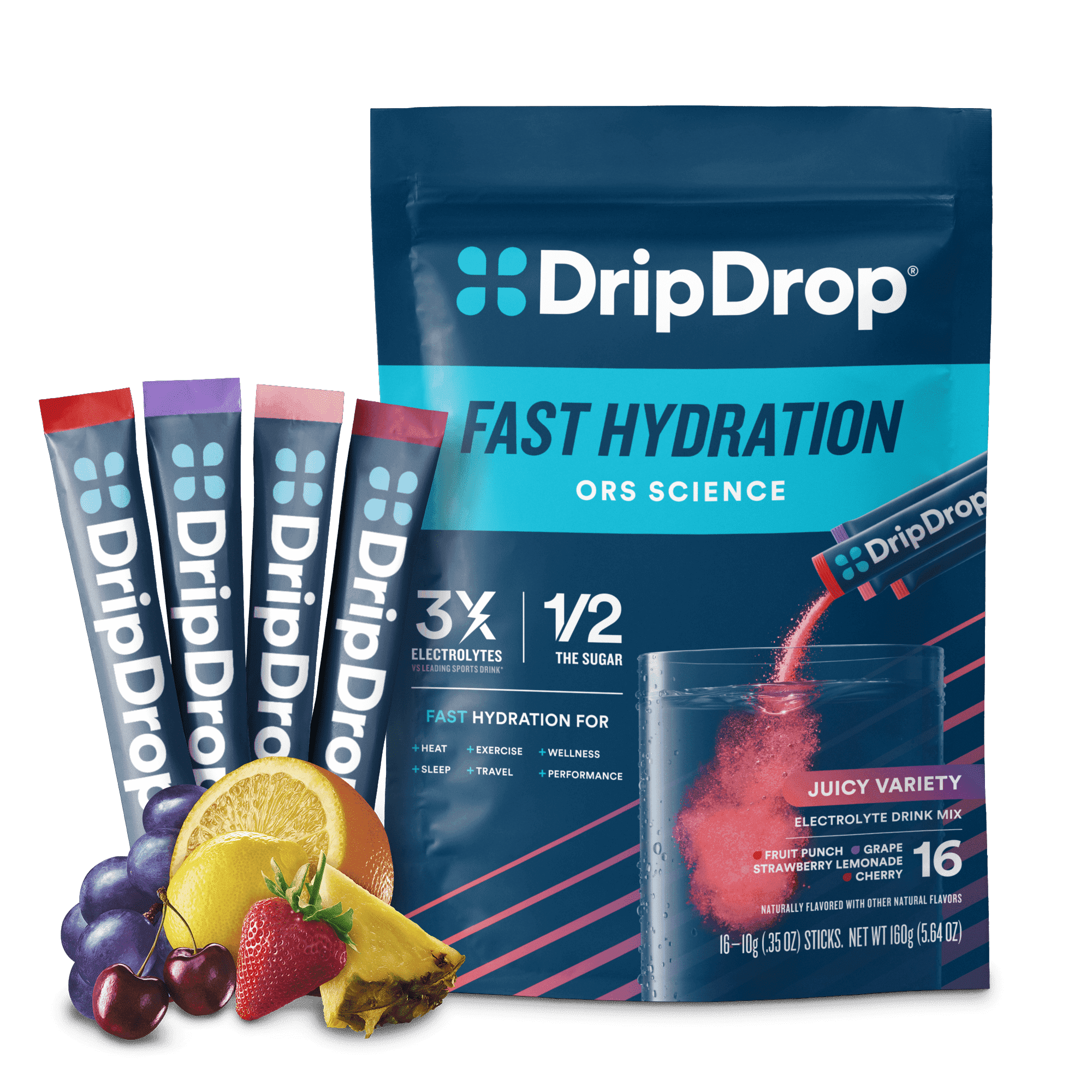DripDrop Electrolyte Powder Drink Mix for Dehydration Relief Fast, Juicy Variety, 16 Pk