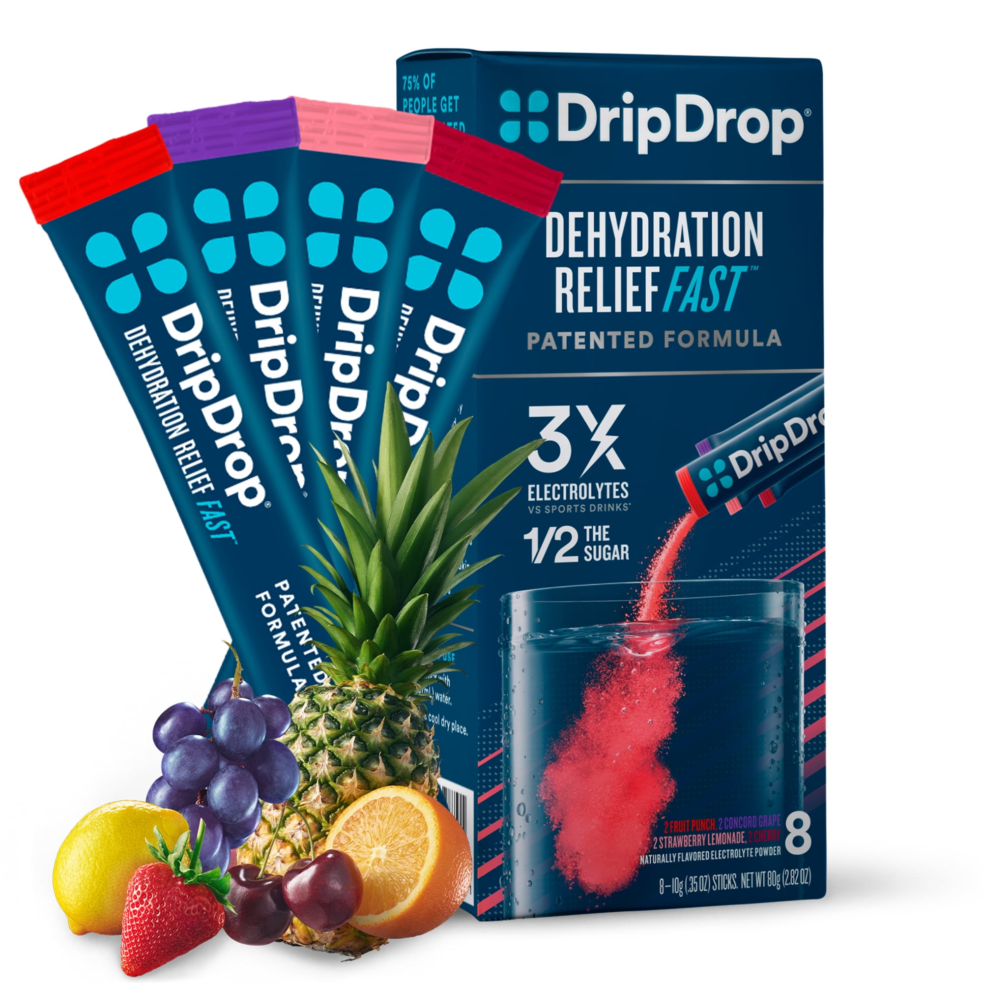 DripDrop Electrolyte Powder Drink Mix for Dehydration Relief Fast, Juicy  Variety, 8 Pk