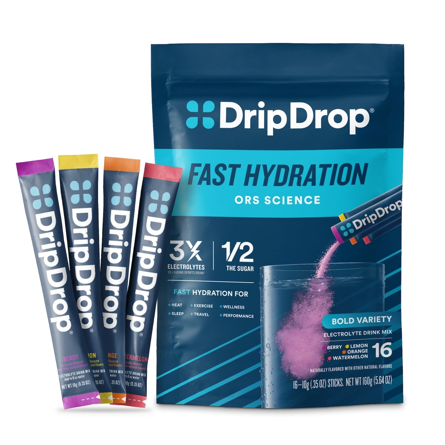 DripDrop Electrolyte Powder Drink Mix for Dehydration Relief Fast, Watermelon, Berry, Orange, Lemon, 16pk Variety