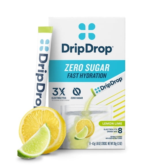 DripDrop Electrolyte Powder Drink Mix for Fast Hydration, Lemon Lime Zero Sugar, 0.16 oz, 8 Count Packets