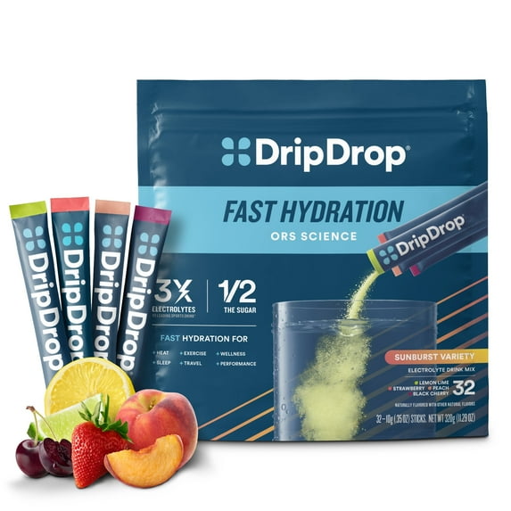 DripDrop Electrolyte Powder Drink Mix for Fast Hydration, Sunburst Variety, 32 Count Packets