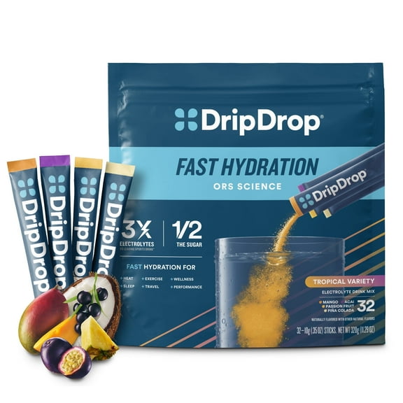 DripDrop Electrolyte Powder Drink Mix for Fast Hydration, Tropical Variety, 32 Count Packets