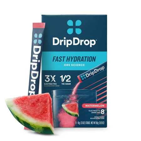DripDrop Electrolyte Powder Drink Mix for Fast Hydration, Watermelon, 0.35 oz, 8 Count Packets